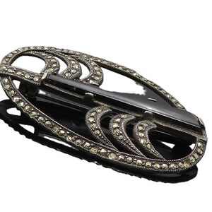 925 Sterling Silver Vintage Black Onyx & Marcasite Swirl Brooch Pin BP3470