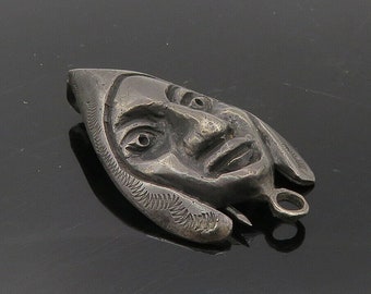 925 Sterling Silver - Vintage Antique Oxidized Chiseled Face Brooch Pin - BP3710