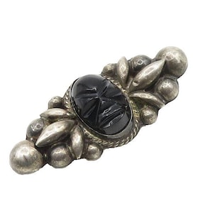 EDR MEXICO 925 Silver Vintage Face Carved Black Onyx Brooch Pin BP7062
