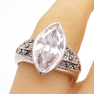 925 Silver Vintage Cubic Zirconia & Marcasite Cocktail Ring Sz 8 RG4907