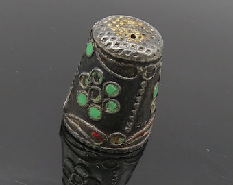 925 Sterling Silver - Vintage Antique Enamel Detailed Sewing Thimble - TR1546