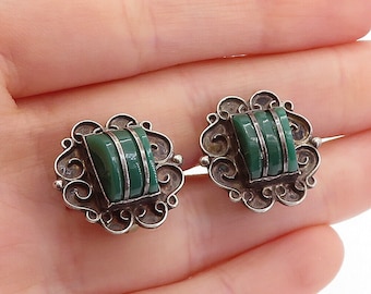 925 Sterling Silver - Vintage Green Onyx Oxidized Non Pierce Earrings - EG2858