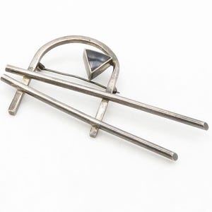 925 Sterling Silver Vintage Black Onyx Modernist Dark Tone Brooch Pin BP5189