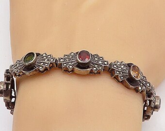 925 Silver - Vintage Topaz Citrine Peridot & Amethyst Chain Bracelet - BT2349