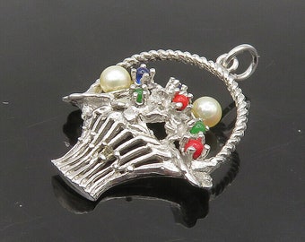 925 Silver - Vintage Petite Pearls & Multi-Stone Flower Basket Pendant - PT18920
