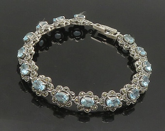 925 Silver - Vintage Shiny Blue Topaz & Marcasite Floral Chain Bracelet - BT7332