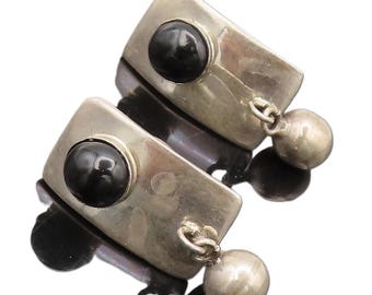 MEXICO 925 Silver Vintage Rectangular Dangling Bead Onyx Earrings EG12650