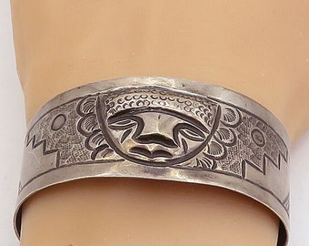 925 Sterling Silver - Vintage Dark Tone Traditional Face Cuff Bracelet - BT1552