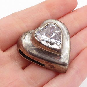 925 Sterling Silver Vintage Cubic Zirconia Love Heart Dome Pendant PT4862