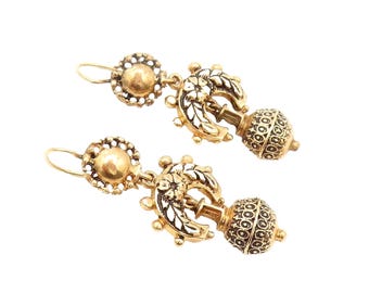 14K GOLD Vintage Shiny Victorian Floral Detail Dangle Earrings GE016