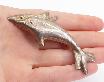 MEXICO 925 Sterling Silver - Vintage Double Dolphin Love Brooch Pin - BP2453