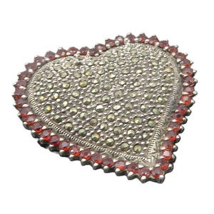 925 Sterling Silver Vintage Garnet & Marcasite Love Heart Brooch Pin BP7493