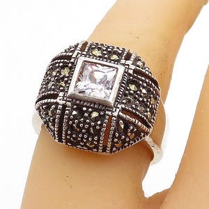 925 Silver Vintage Cubic Zirconia & Marcasite Dome Cocktail Ring Sz 7 RG5400