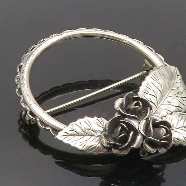 BEAU 925 Sterling Silver - Vintage Rose Flowers Open Circle Brooch Pin - BP3629