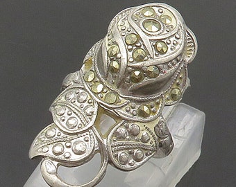 UNCAS 925 Silver - Vintage Sparkling Marcasite Rose Band Ring Sz 4 - RG15866