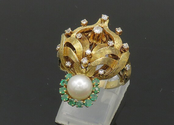 14K GOLD - Vintage Genuine Diamonds Pearl & Emera… - image 3