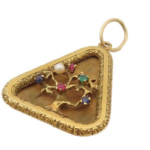 14K GOLD Vintage Antique Ruby Sapphire Emerald & Pearls Drop Pendant GP616