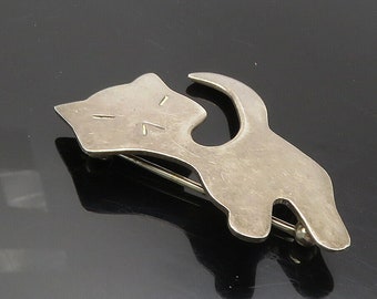 MEXICO 925 Sterling Silver - Vintage Etched Face Detail Cat Brooch Pin - BP3613