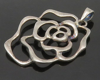 925 Sterling Silver - Vintage Shiny Flower Motif Outline Pendant - PT12604