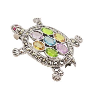 925 Silver Vintage Multi Color Topaz Marcasite Back Turtle Brooch Pin BP10456