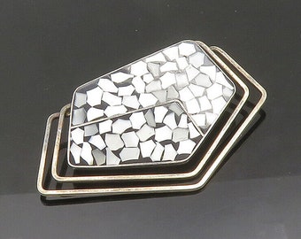 ISRAEL 925 Sterling Silver - Vintage Mother Of Pearl Mosaic Brooch Pin - BP8413
