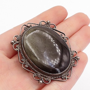 MEXICO 925 Sterling Silver Vintage Black Onyx Baroque Swirl Brooch Pin BP1686