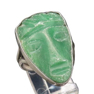SOUTHWESTERN 925 Silver Vintage Carved Warrior Face Jade Ring Sz 8 RG26118