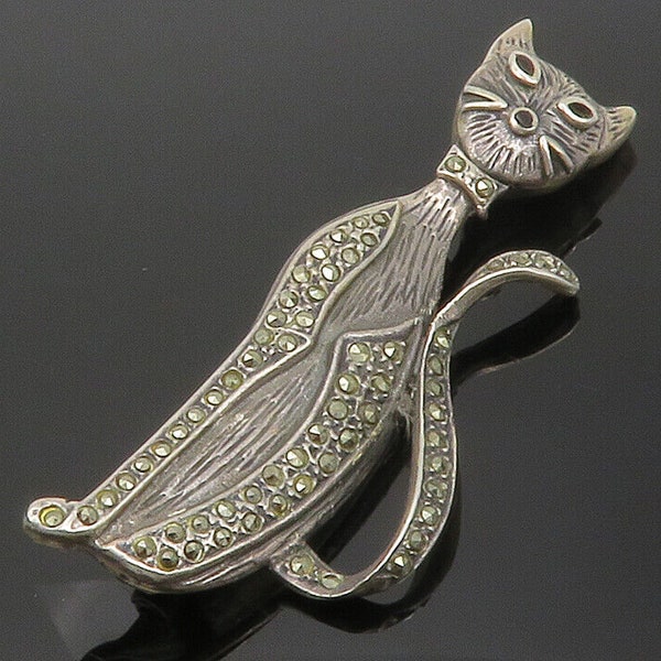 925 Sterling Silver - Vintage Marcasite Sitting Cat Animal Brooch Pin - BP4612