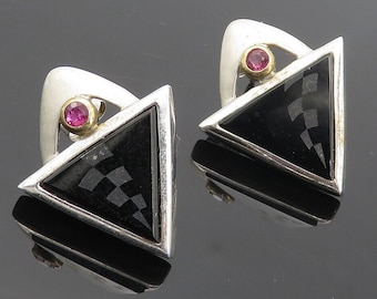 Argent sterling 925 - Boucles d'oreilles pendantes triangulaires en onyx noir et topaze rose - EG3225