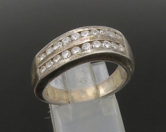 925 Sterling Silver - Vintage Topaz Two Row Smooth Band Ring Sz 8 - RG22932