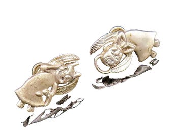 925 Silver Vintage Praying Angel & Evil Devil Screw Back Earrings EG12160