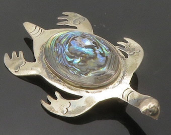 MEXICO 925 Sterling Silver - Vintage Abalone Shell Sea Turtle Brooch Pin- BP5983