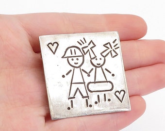 MEXICO 925 Sterling Silver - Vintage Etched Children Love Brooch Pin - BP1900