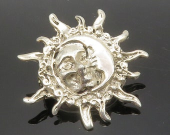 925 Sterling Silver - Vintage Shiny Chiseled Sun & Moon Face Brooch Pin - BP4529