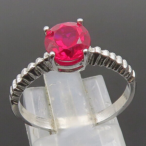 ESPO 925 Silver - Vintage Solitaire Red Spinel Ribbed Band Ring Sz 8 - RG24666