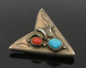 NAVAJO 925 Sterling Silver - Vintage Turquoise & Coral Shirt Collar - TR2281