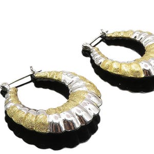 925 Sterling Silver Shiny Two Tone Hollow Fluted Hoop Earrings EG5101