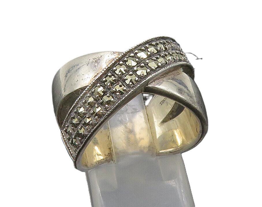 925 Sterling Silver Vintage Shiny Marcasite Crossed Band Ring Sz 8 RG21983