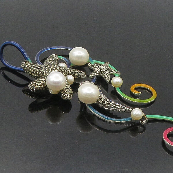 925 Sterling Silver - Pearls & Marcasite Seahorse Starfish Swirl Pendant- PT7742