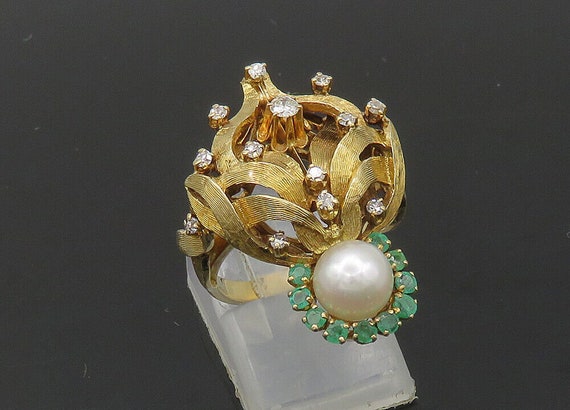 14K GOLD - Vintage Genuine Diamonds Pearl & Emera… - image 4