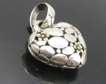 925 Sterling Silver - Vintage Shiny Cobble Floral Love Heart Pendant - PT7252