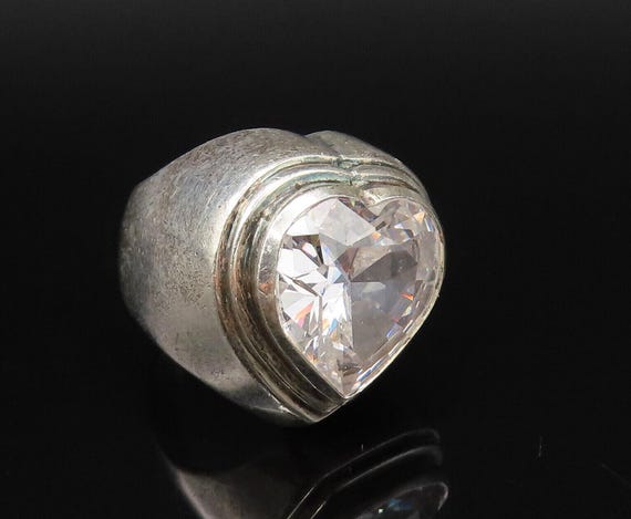 Vintage Marked 925 Sterling Silver & Cz W Heart Ring Size 6