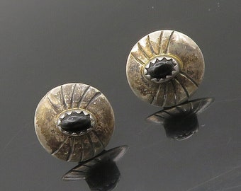 NAVAJO 925 Sterling Silver - Vintage Cabochon Black Onyx Stud Earrings - EG8578