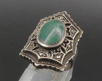 925 Silver Vintage Malachite & Marcasite Victorian Cocktail Ring Sz 4 RG22084