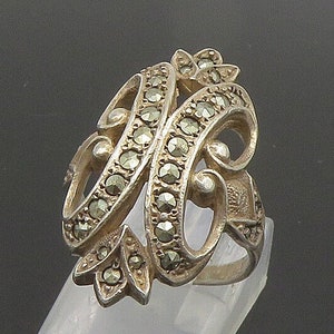 925 Sterling Silver - Vintage Marcasite Floral Cocktail Ring Sz 6.5 - RG17783