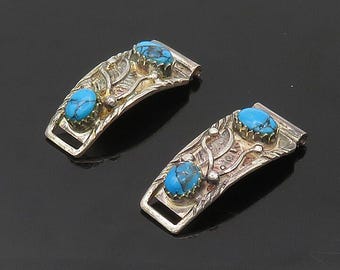 NAVAJO 925 Sterling Silver Vintage Turquoise Floral Leaf Watch Clips TR2719