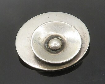 925 Sterling Silver - Vintage Shiny Modernist Round Design Brooch Pin - BP6806