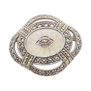 925 Sterling Silver Vintage Brooch JUDITH JACK Camphor Glass & Marcasite BP11620