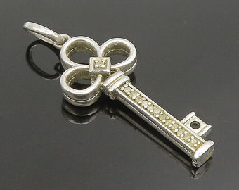 925 Silver - Vintage Black & White Genuine Diamonds Royal Key Pendant - PT20883