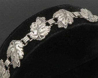 925 Silver - Vintage Antique Dark Tone Grapes & Leaf Chain Bracelet - BT9334